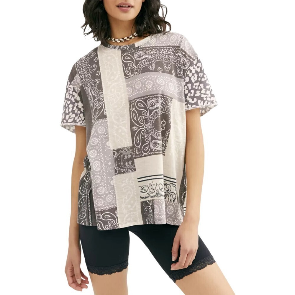 Free People Patchwork Short Sleeve Tee - Gray and Cream
